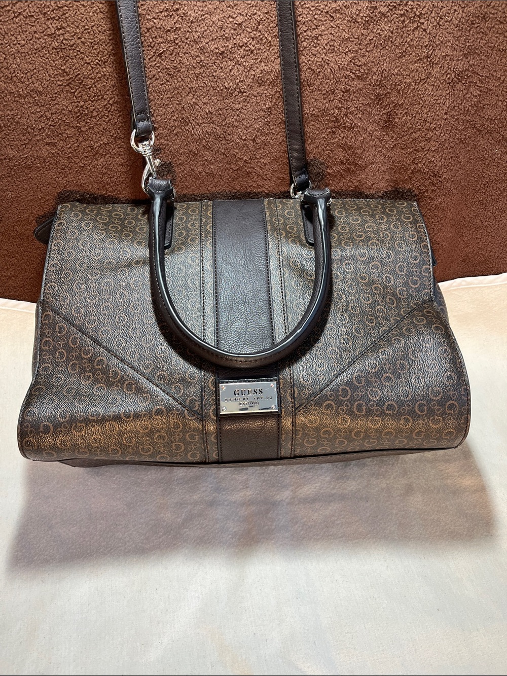 Guess Brown Monogram Satchel with Black Trim
